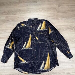 Vintage Nautical Navy Blue Sailboat Map Print Long Sleeve Button Down Shirt Sz L